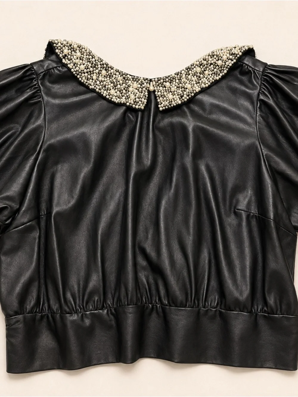 Anthropologie Maeve Faux Leather Embellished Pearl Collar Puff Sleeve Top